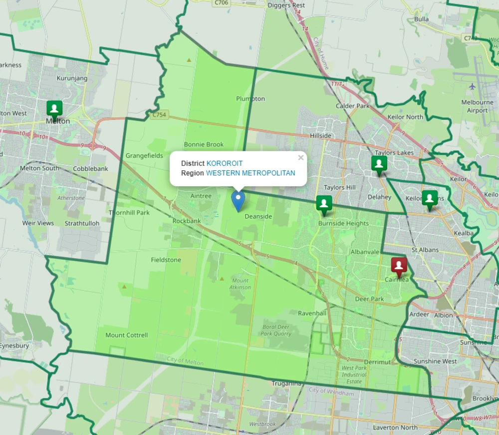 Map of the Kororoit electoral district in Melbourne's west